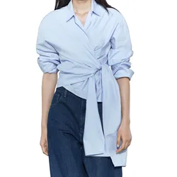 Women's Long Sleeved Shirt V-neck No Open Collar Monochromatic Bow Tie Commuting Style New