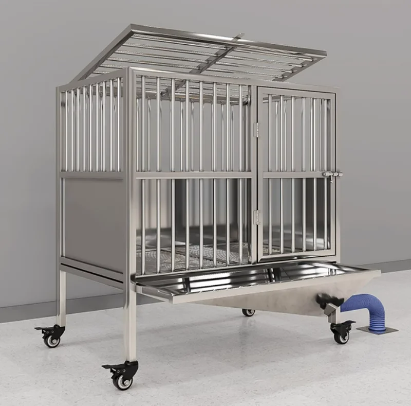 Heavy duty stainless steel large dog cage with plastic tray and bowl, with dog house