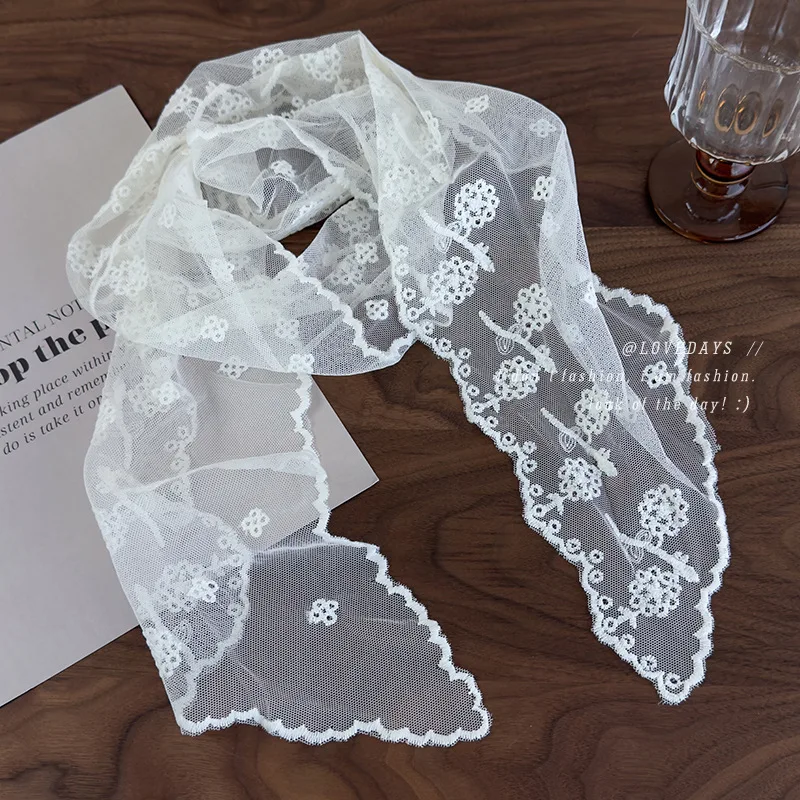 New Lace Embroidered Scarf Women 1pc Solid Color Long Thin Chic Neckerchief Small Silk Scarf for Daily Office Travel Party Gift