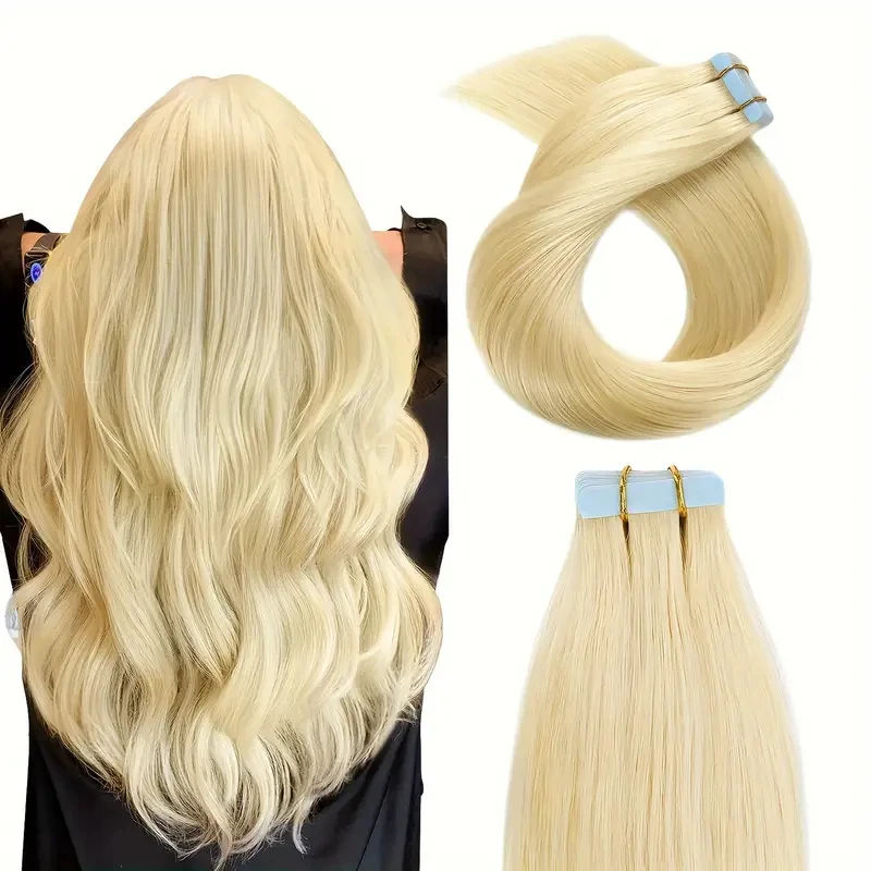 Tape-In-Haarverlängerungen, glatt, 100 % echtes Echthaar, nahtloses Hauteinschlagband, Haarverlängerungen, natürliches Schwarz # 613 # 60er Blondes Haar