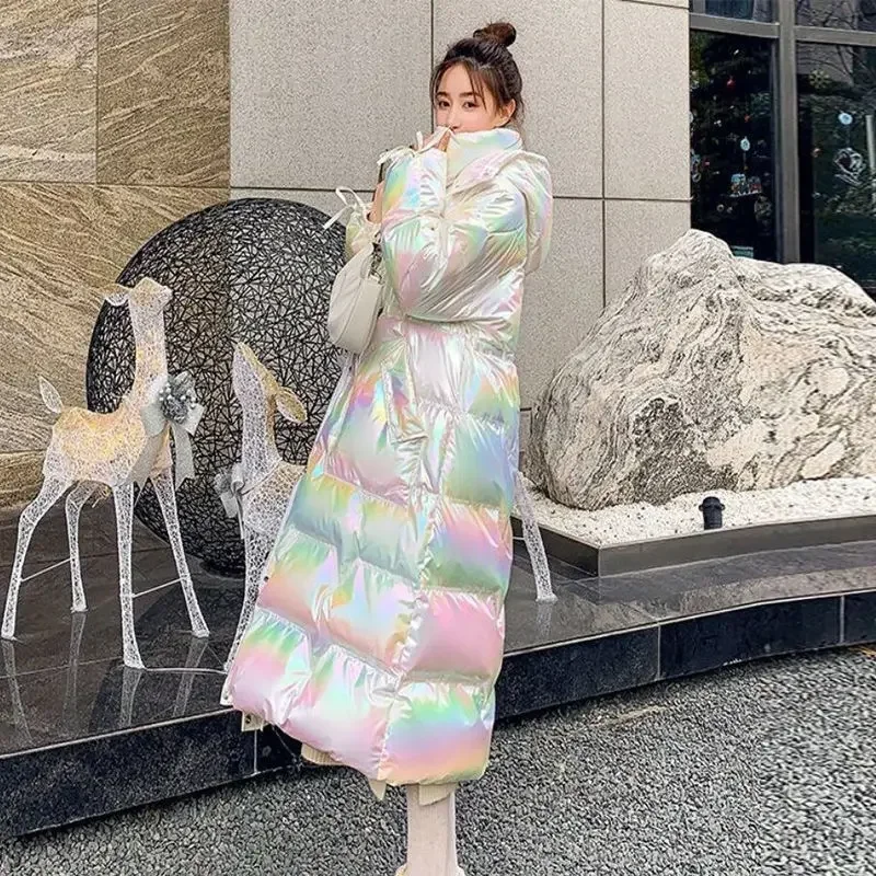 Hmsevenjz 2023 Korean Fashion New Bright Face Wash Free Hooded Knee Length Parkas Winter Loose Casual Parkas Female Clothing