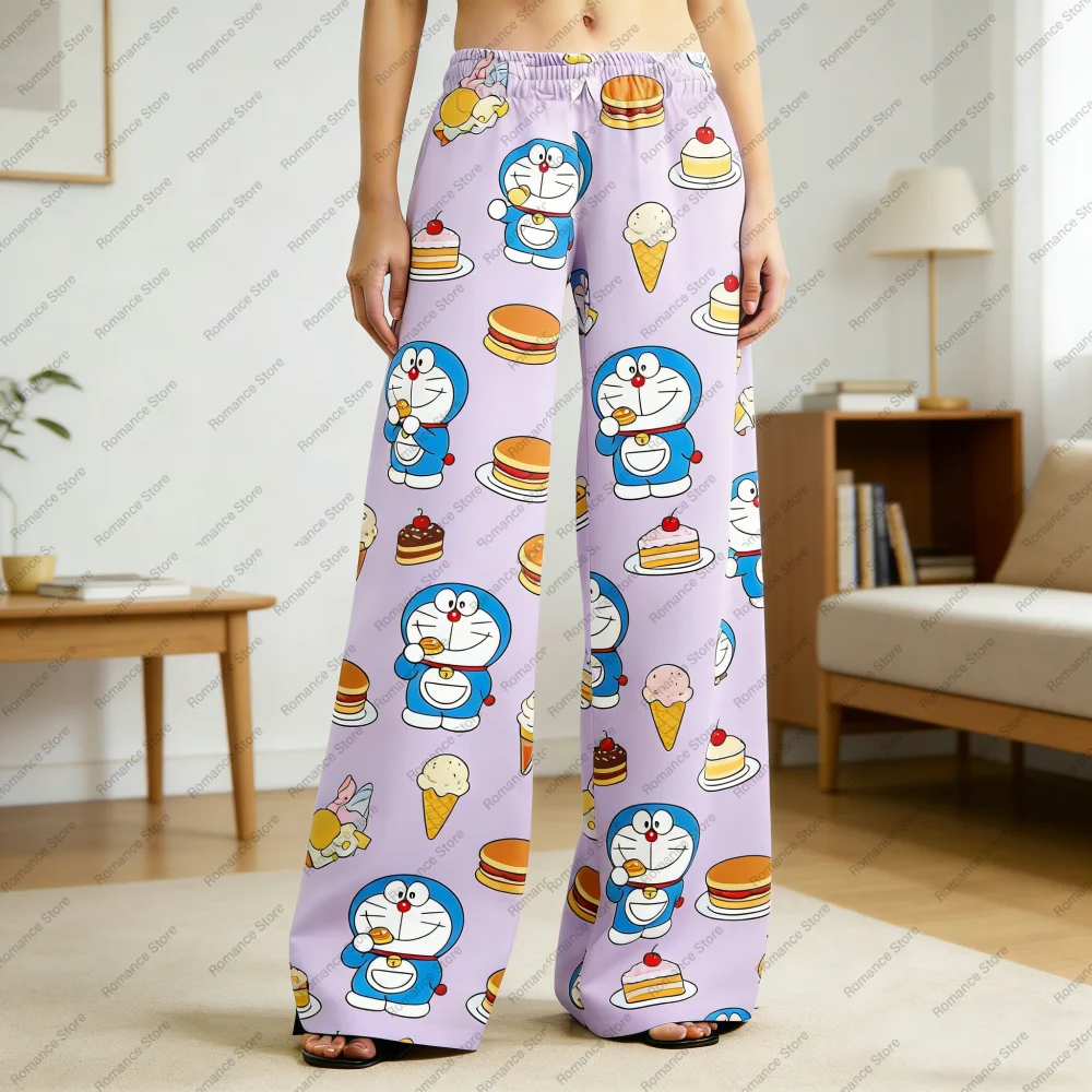 

Брюки Doraemon, молочные шелковые пижамные штаны с мультяшным аниме и принтом для взрослых и детей, летние быстросохнущие удобные легкие штаны