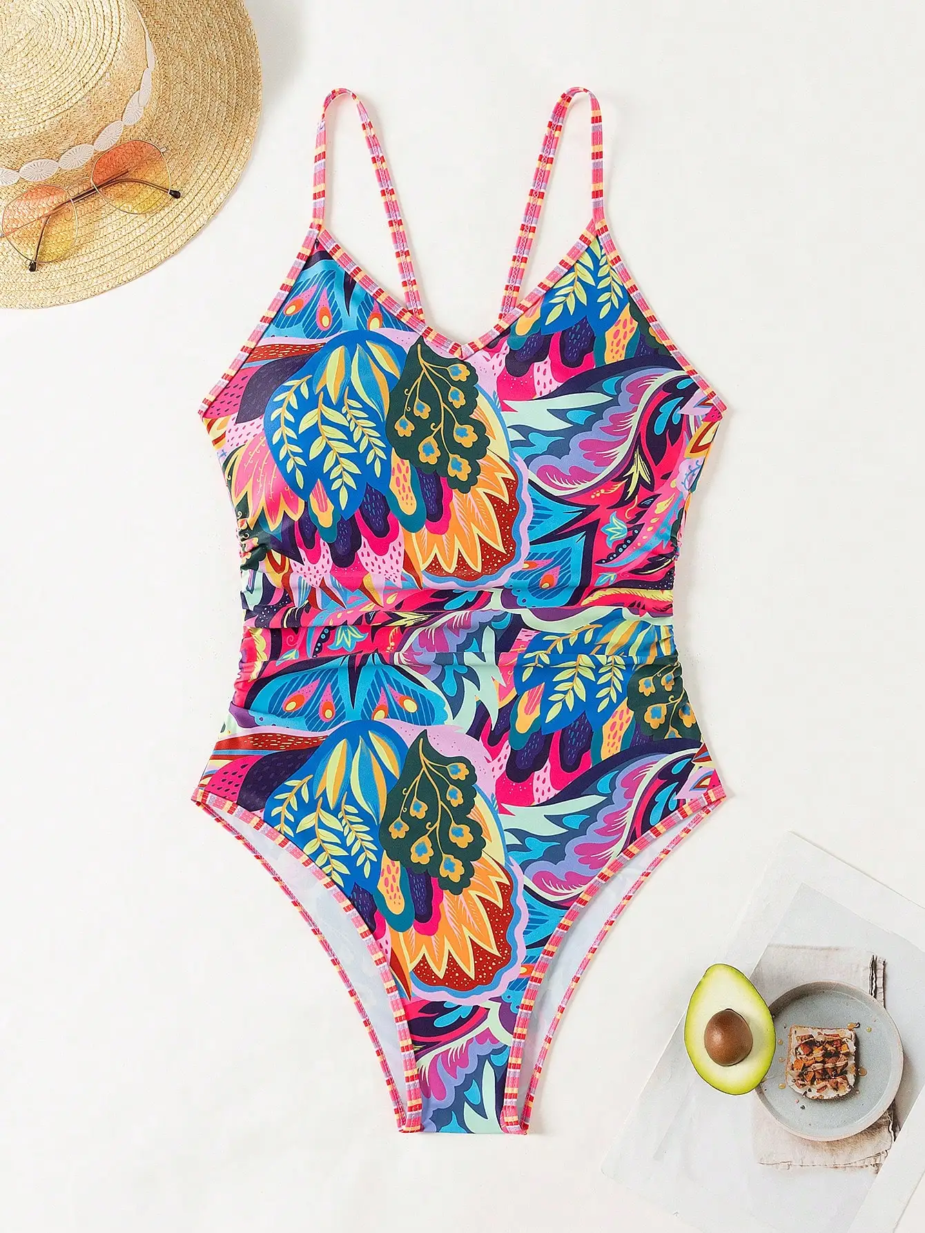 

Women's One-Piece Swimsuit With Floral Print Cut Out Back Summer Beach