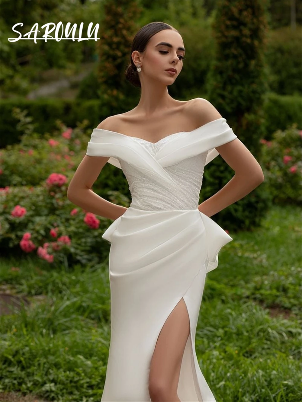 

Trendy Sequined Sheath Long Bride Dress, Off the Shoulder Sleeves, Simple Chic Satin Bridal Gown, Customized Destination Bridal