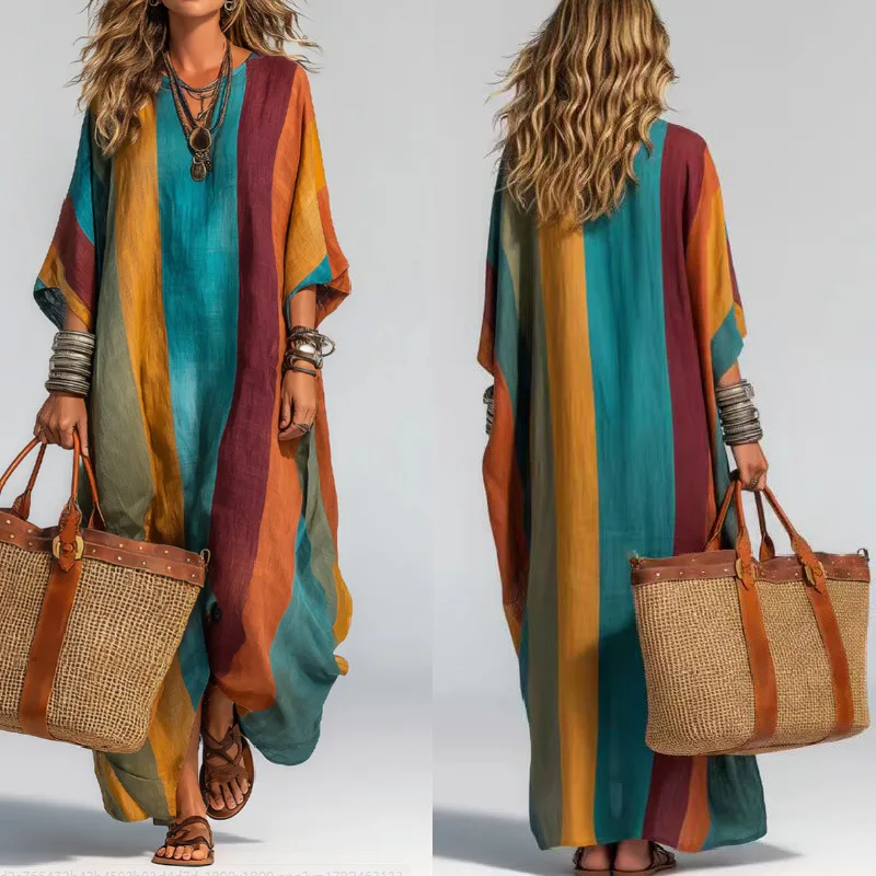 Bohemian Color-blocked Vertical Strip Autumn. Lines Women's Loose Plus-size V-neck Holiday Clothes Robe Y2k、 Outfits