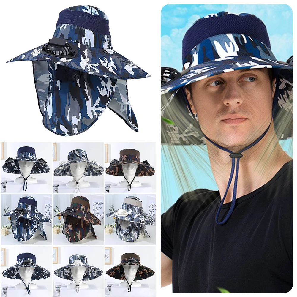 

Solar Charging Solar Fan Hat Built-in Fan Wide Brim Air Cooling Hat Usb Charging UPF Protection Bucket Hat Men's Fashion