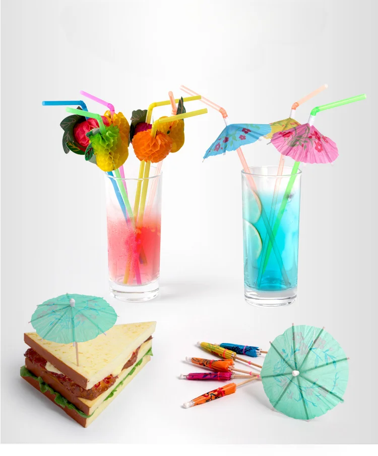 24 colourful Hawaiian style fruit glow umbrella straw sticks - the best choice for parties!