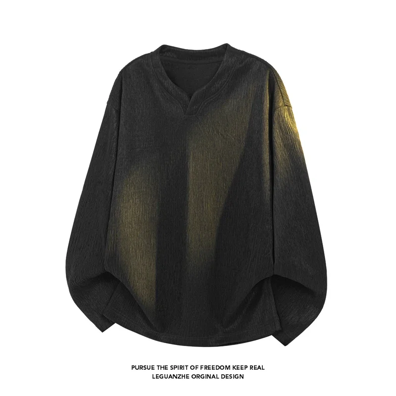 Male Autumn V Neck Long Sleeve Blouse Crinkled Airy Textured Cloth Curved Hem For Outdoor Travel Matching Style