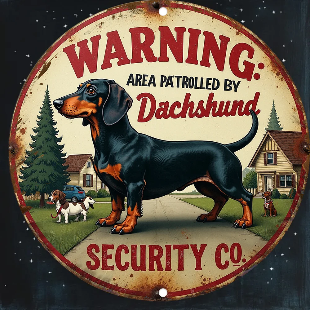 2D Flat - 【2D Flat】 2D Flat Surface, 1pc 2D Printed Wooden Sign, 2D Flat Warning Area Patrolled by a Dachshund, Vintage Wooden S