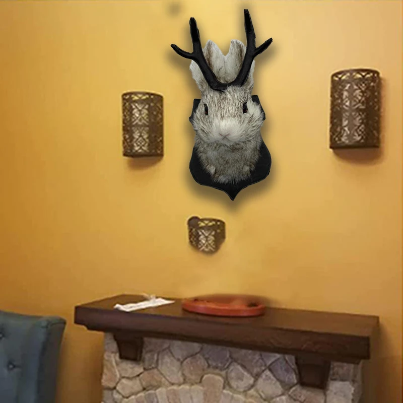 Xams Wall Mounted Rabbit Fake Head Jackalope Wall Decor Resin Hanging Ornament Wooden Antler Rabbit Head for Home Living Room