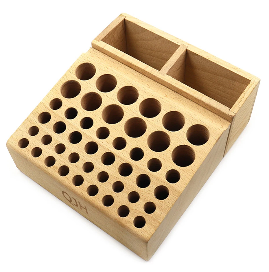 QJH Handwerkzeughalter-Box mit 46/98 Löchern, Organizer, Holzständer für Lederhandwerk, Stanzwerkzeuge, Schnitzwerkzeuge, Bohrer-Aufbewahrung – Detail 6