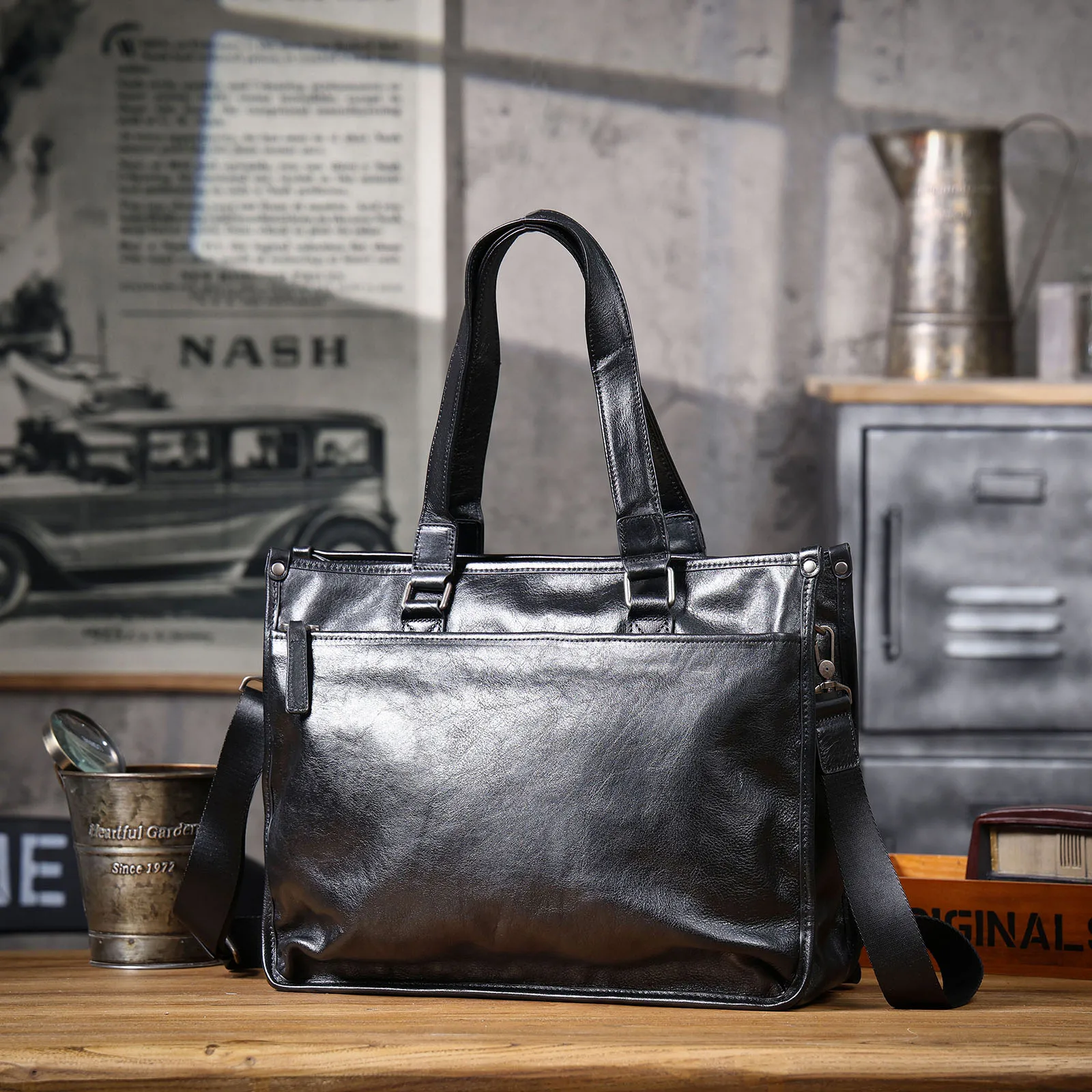 Echte Leder-Aktentasche für Herren, 15-Zoll-Laptop-Tasche, einfache Umhängetasche aus Rindsleder, pflanzlich gegerbtes Leder, modischer Casual-Stil – Detail 8