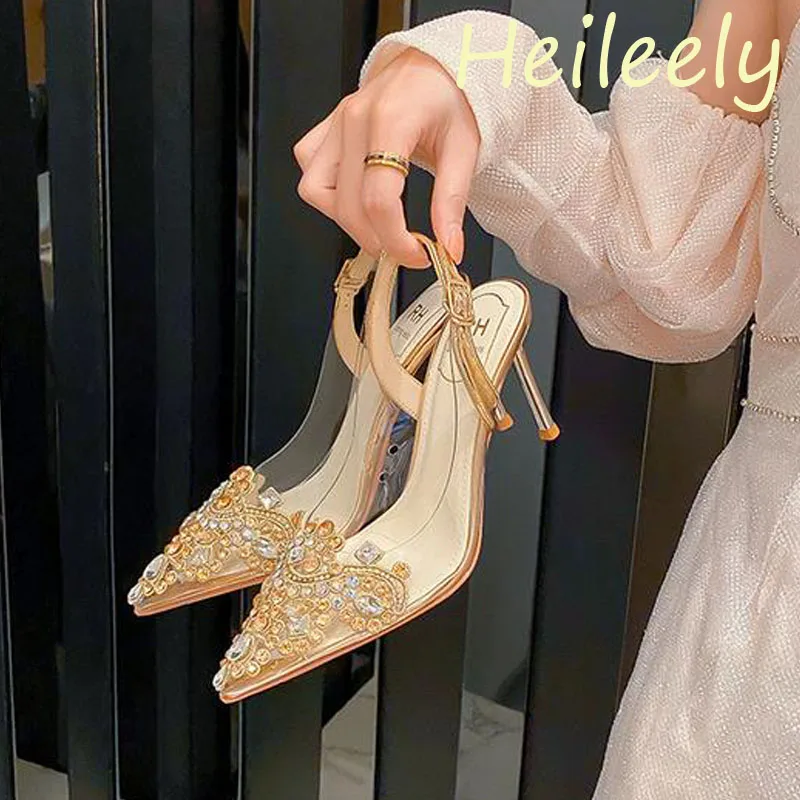 

8cm New Fashion Sandals High Heels Female Ankle Wrap Transparent Pointed Toe Women Shoes 38 39