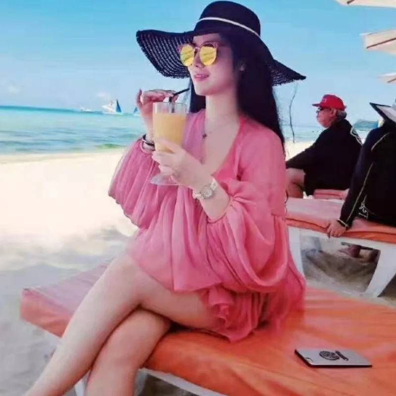 Spring Summer V-Neck Pink Chiffon Shirts Loose Sweet Two-piece Pleated Blouses Irregular Lantern Sleeve Crop Tops Blusas Mujer