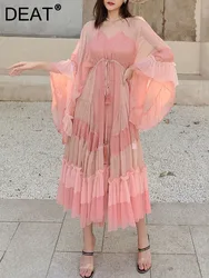 DEAT Woman Dress Pink Cake With Lined Mesh Flare Sleeve Drawstring Waist Elegant Fashion Beach Style 2024 New Summer 15HT424