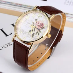 Rose Pattern Quartz-watch Faux Leather Strap Glass Print Dial Birthday Surprise Fashionable Prevalent Special Punctual Watch