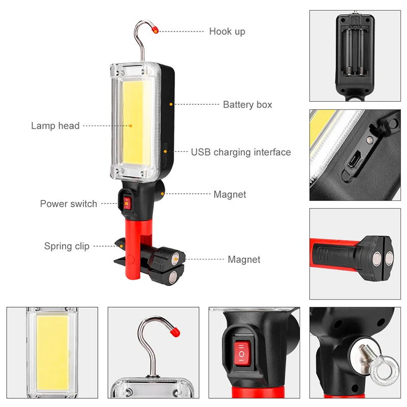 LED Work Light, Powerful Portable Lantern Hook Magnet Camping Lamp COB USB Light, Rechargeable Inspection Light For Car Repair