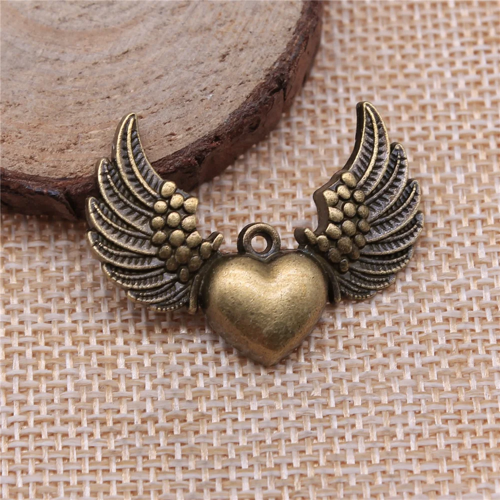 WYSIWYG 4pcs 36x27mm Vintage Heart With Angel Wing Charms For Jewelry Making Antique Bronze Color & Black Heart Wing Charms