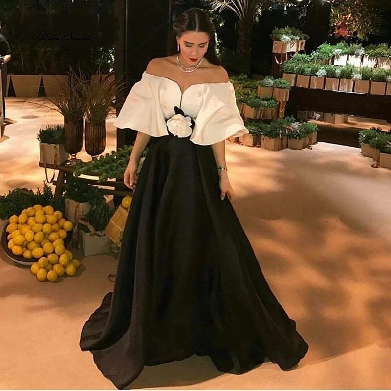 Elegante abito da sera floreale in bianco e nero con spalle scoperte Robe De Soiree Abiti da ballo lunghi arabi sauditi caftano islamico Dubai