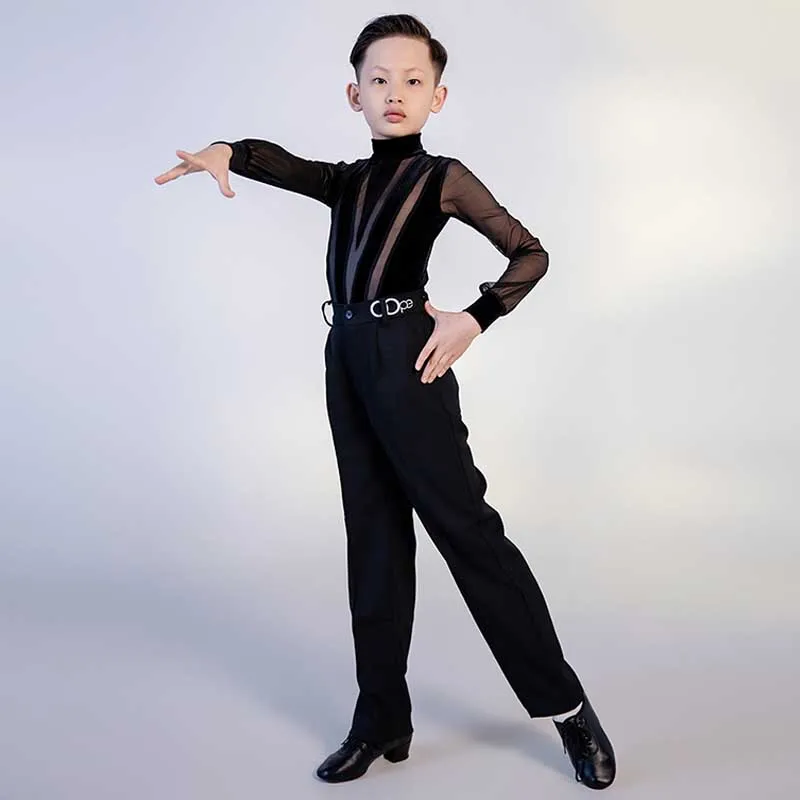Traje de competición profesional Latina para niños negros, ropa de práctica de espectáculo de escenario de Rumba y Samba, cuello alto, Tops de manga larga, AMY423