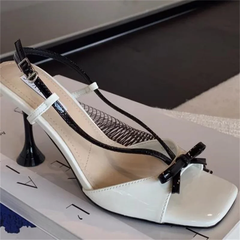 

Butterfly-knot Shoes for Ladies Square Toes High Heels Female Sandals Patent Leather Tacones Back Strap Chassure Femme Buckle