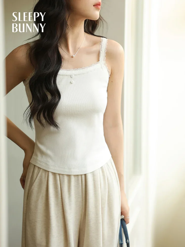 Women Lace Trim Stretchy Camisole Slim Fit Ribbed Tank Top Sleeveless Inner Layer or Outerwear Chic Short Vest for 2025 Spring