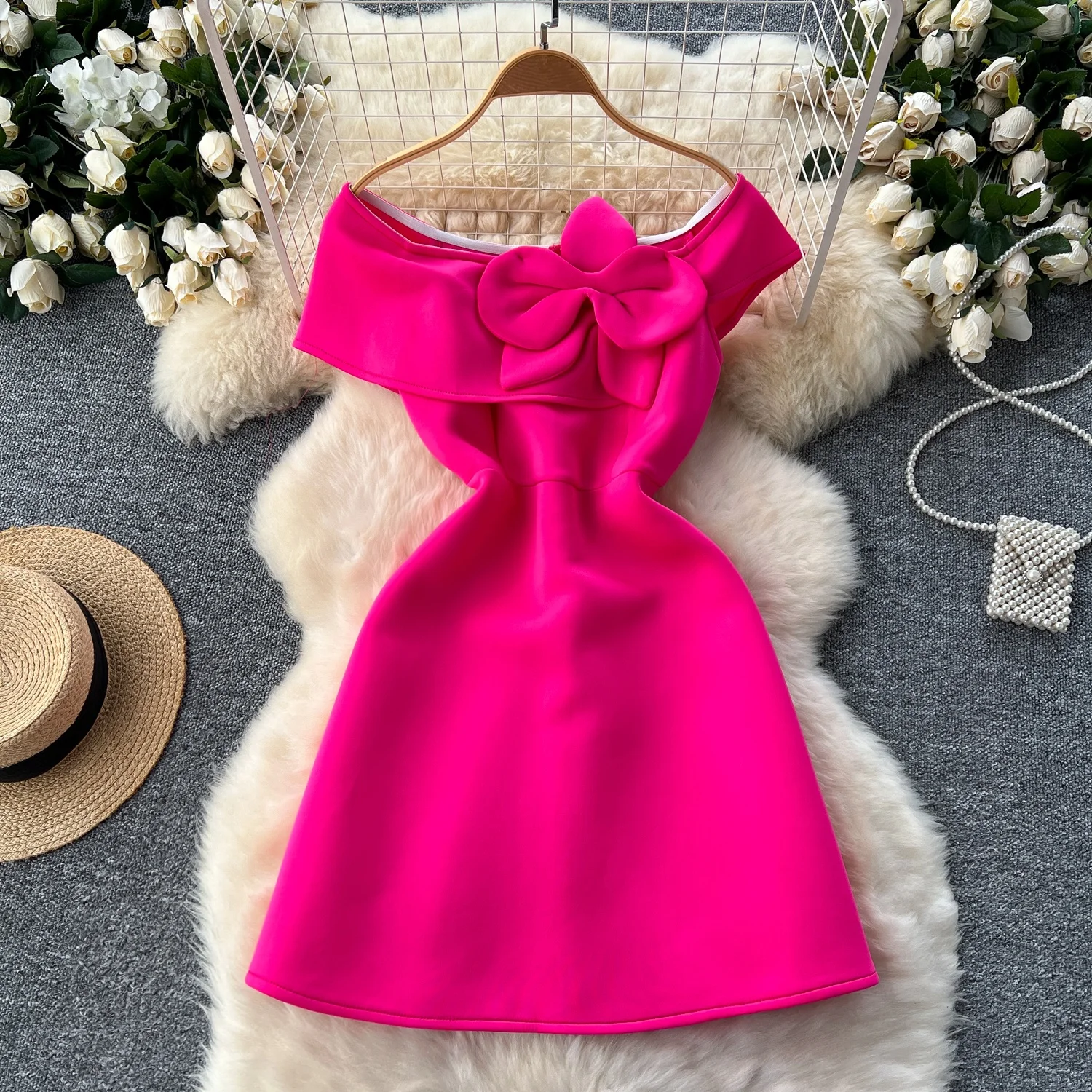 Clothland Women Sexy Taffeta Off Shoulder Dress Flower Spliced Slash Neck Zipper A Line Retro Mini Dresses Vestido QD799