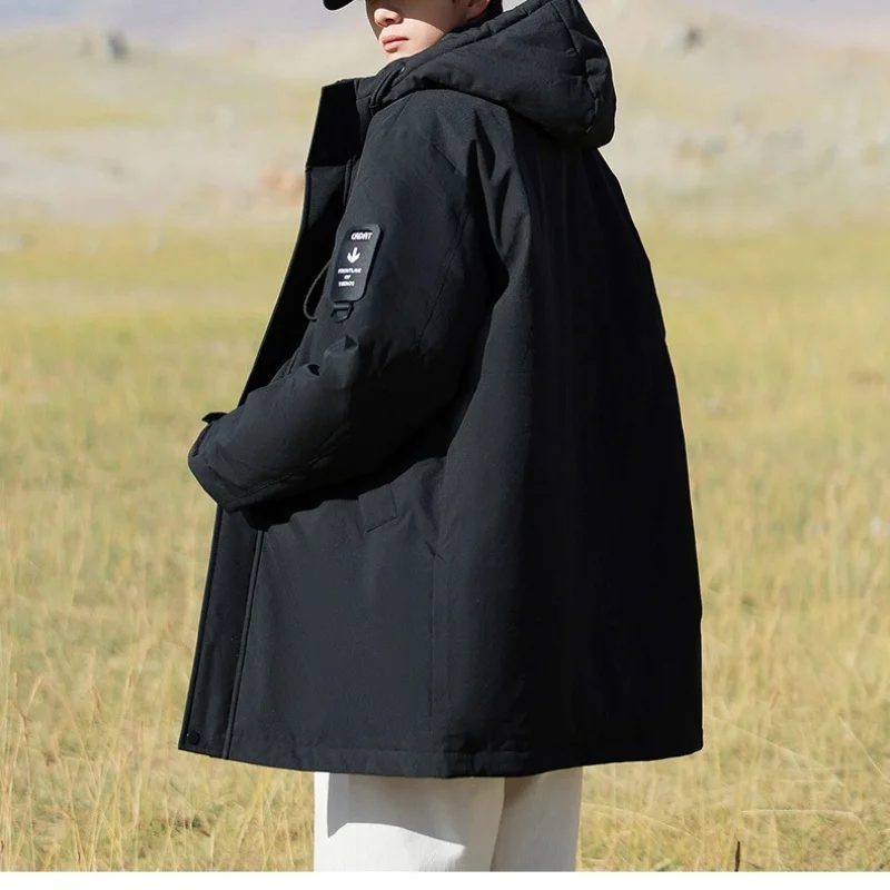 Men's Winter Thickened Fleece Mid-Length Cotton-Padded Jacket Outdoor Sports Hooded Mountaineering Warm Workwear Couple Clothing