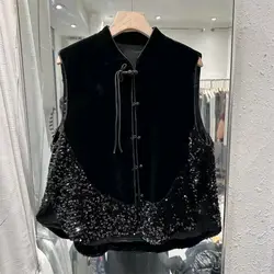 Chinese Style Buckle Vest Jacket Velvet Shining Autumn Premium Sleeveless Coat Women 2024 Shoulder Jacket Black XXL Fashion