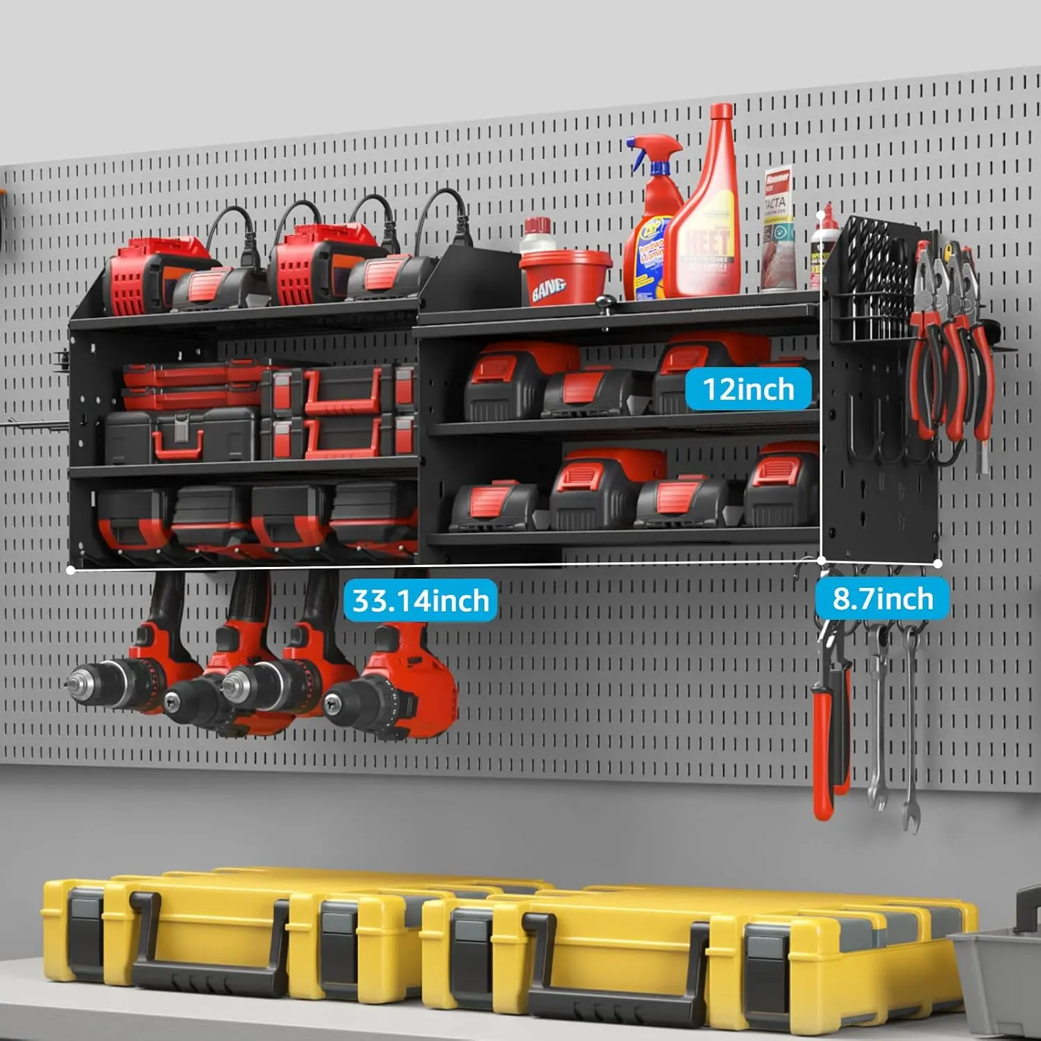 

CCCEI Power Tools Organizers with Charging Station. Drills and Battery Holder Wall Mount with Cabinet Storage. Garage Rack Shelf