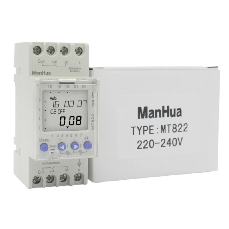 Electronic Weekly 7 Days Digital Timer Switch Multi-functional Relay Time Controller 250VAC 16A 2 Channels Din Rail Mount MT822