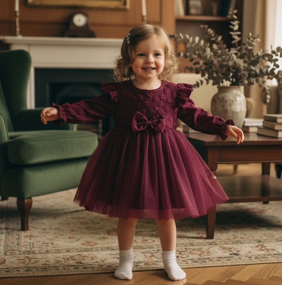 

Baby Girls Spring Autumn Princess Lace Dress Fashionable Flower Bow Decorated Ruffled Long Sleeves Mesh Party Dresses