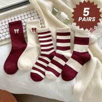 5 Pairs Women's Fashion Striped Mid-Calf Socks - All-Season Comfort, Trendy Bow Print, Breathable Daily Wear (Red/White)