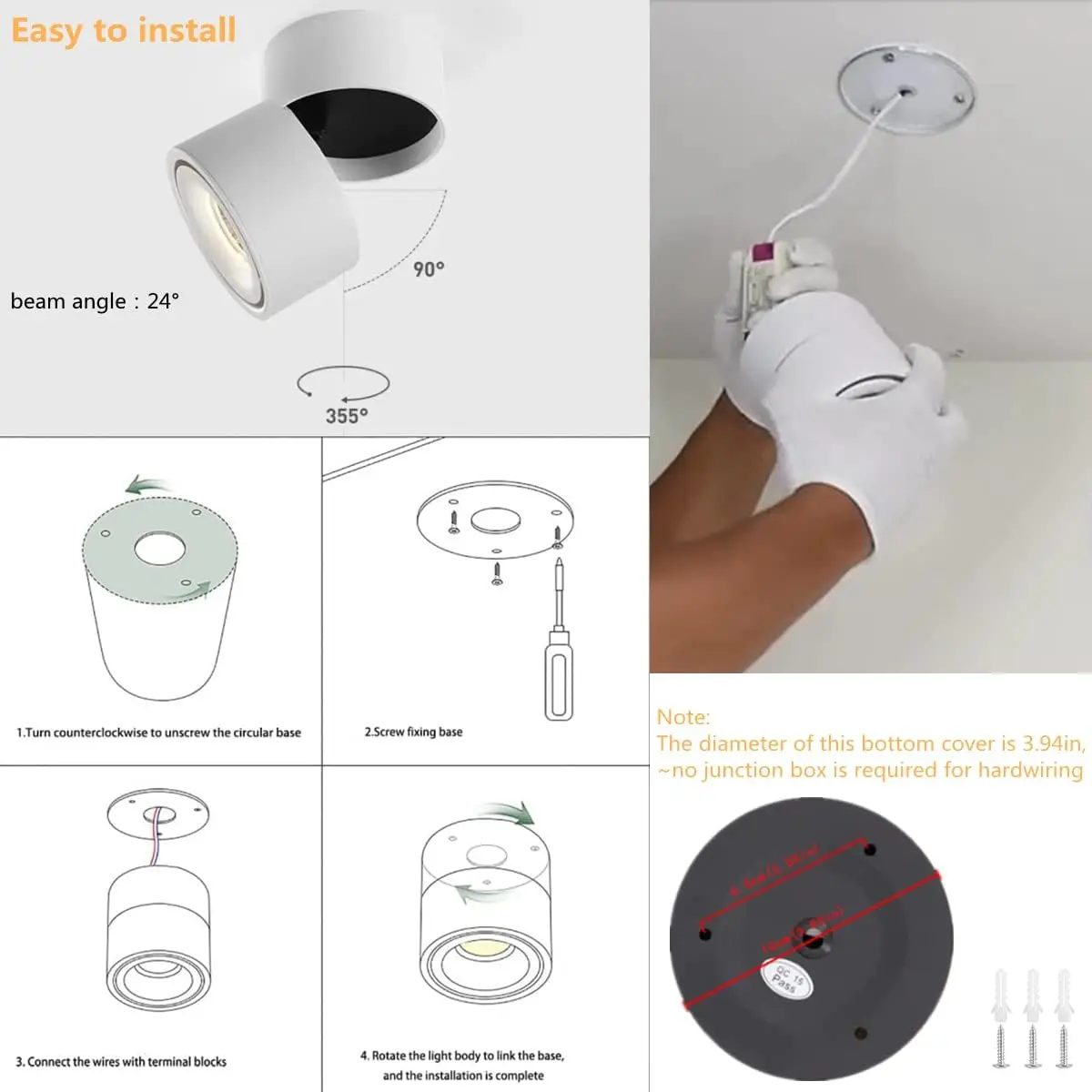 Faretto da soffitto a LED da 2 pezzi per interni 360 ° Lampada da parete da incasso COB da 10 W montata su superficie regolabile per display di sfondo fotografico