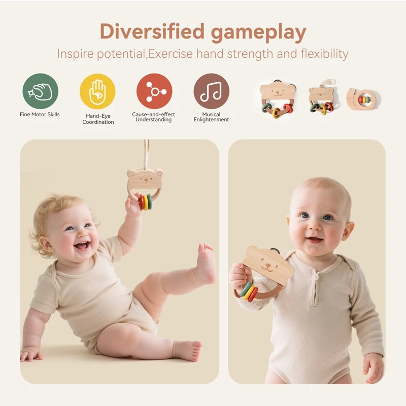Jouets hochet ours Animal, sucette, anneaux à main, anneaux de dentition en bois, produits pour bébés, jouets en bois, cadeaux pour nouveau-nés, 1 pièce