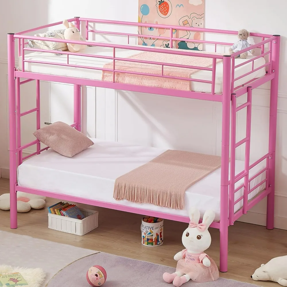 Bunk Bed Twin Over Twin, Metal Bunkbeds with Ladder and Full-Length Guardrail, No Box Spring Needed, Space Saving, Noise Free