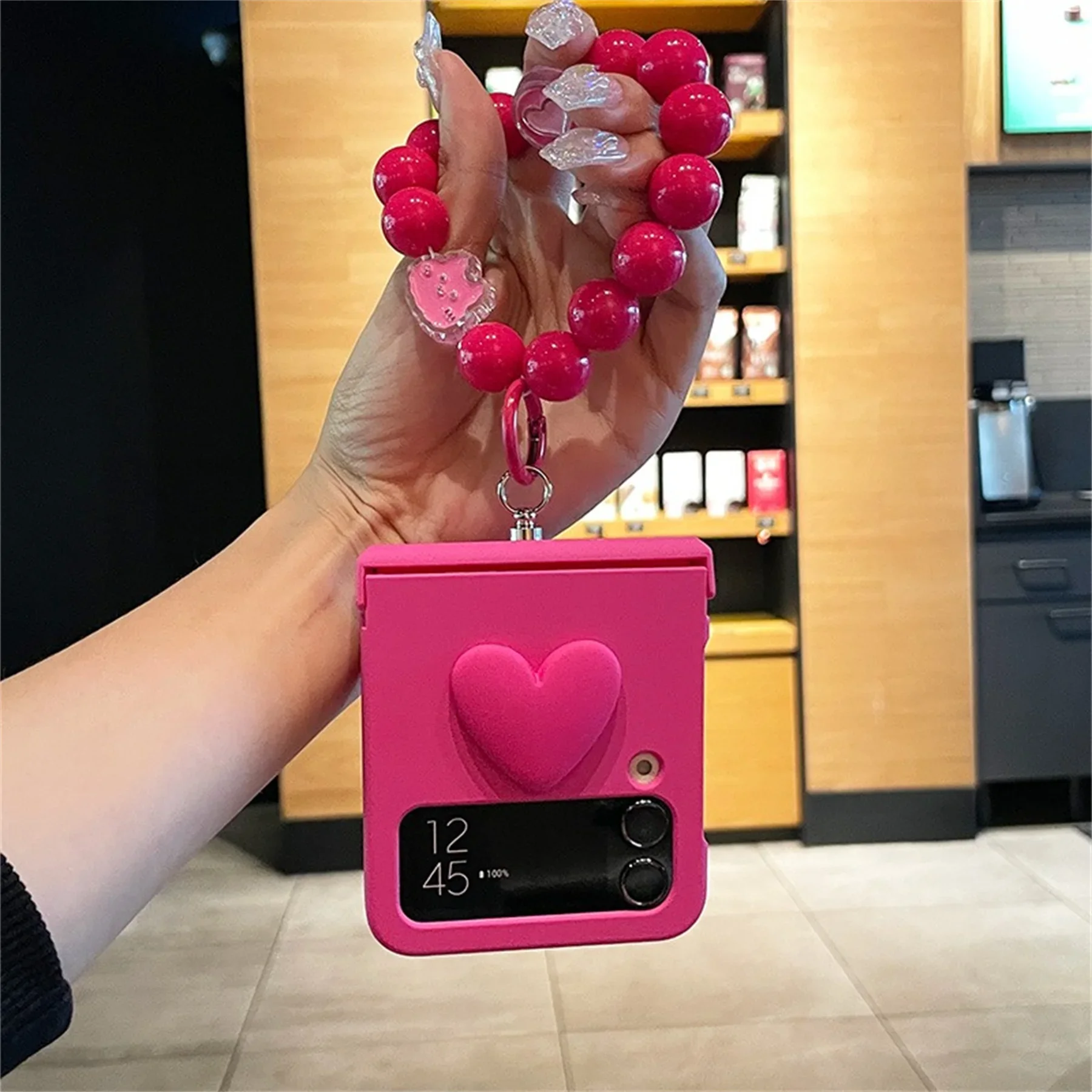 Korean 3D Love Heart Rose Red Case with Bunny Ring Beads Bracelet for Samsung Galaxy Z Flip 3  5G Z Flip3  Zflip5 Zflip4 Cover