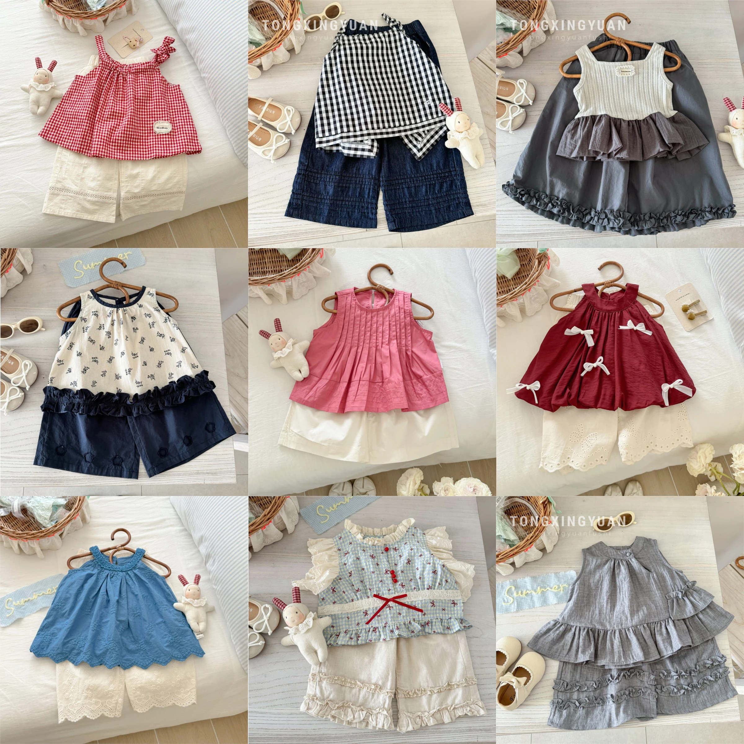 

2025 Summer 2-8 Years Girls 2PCS Clothes Set Sleeveless Solid Vest Lace Wide Leg Pants Suit Cotton Thin Kids Girls Outfits Tendy