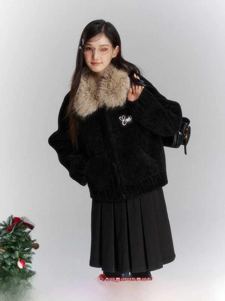 

ELEVEN SP Women's Thiened Winter Coat Fur Collar Inteated Leather And Fur Warmth Korean Sle ort Outerwear
