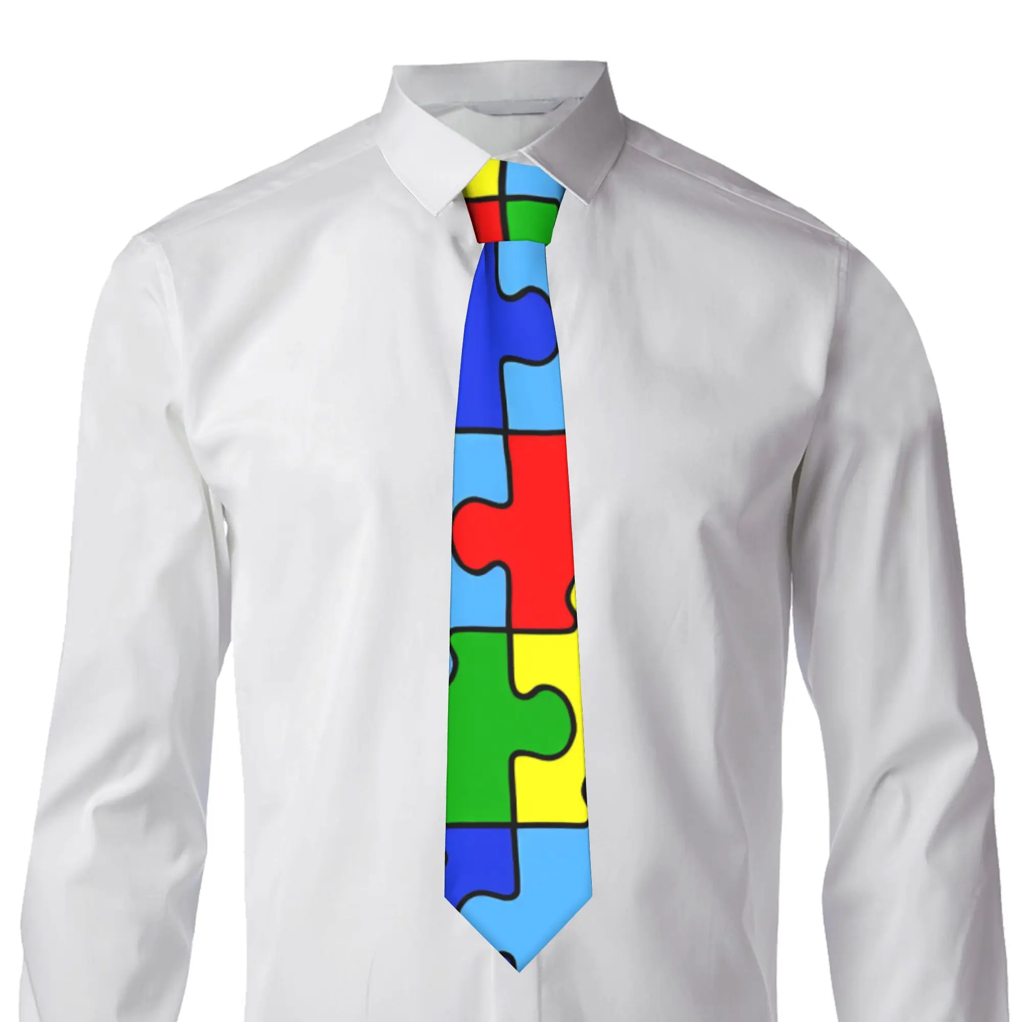 Men's Tie Cartoon Outline Autism Red Yellow Green Blue Puzzle Neck Ties  Retro Trendy Collar Tie Wedding Necktie Accessories