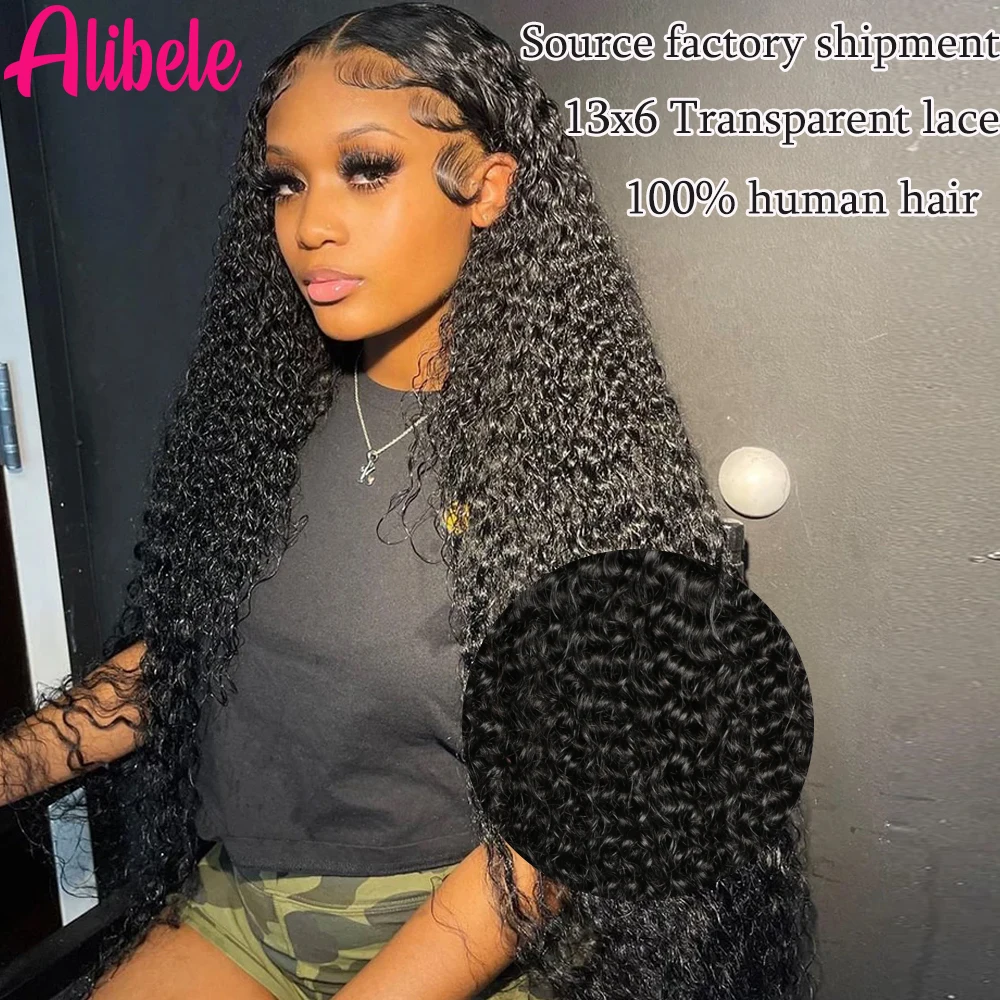 

ALIBELE Human Hair Wigs 13x6 Lace Front Wig Transparent Lace Frontal Wig Curly Pre Plucked Natural Black 12A Virgin Hair