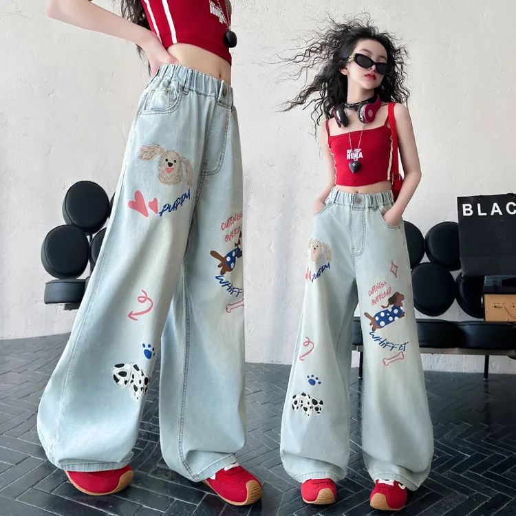 

Летние тонкие свободные джинсы с героями мультфильмов для девочек-подростков, повседневные длинные брюки с животными для маленьких детей, 2025 г., детские джинсовые широкие брюки, От 4 до 14 лет