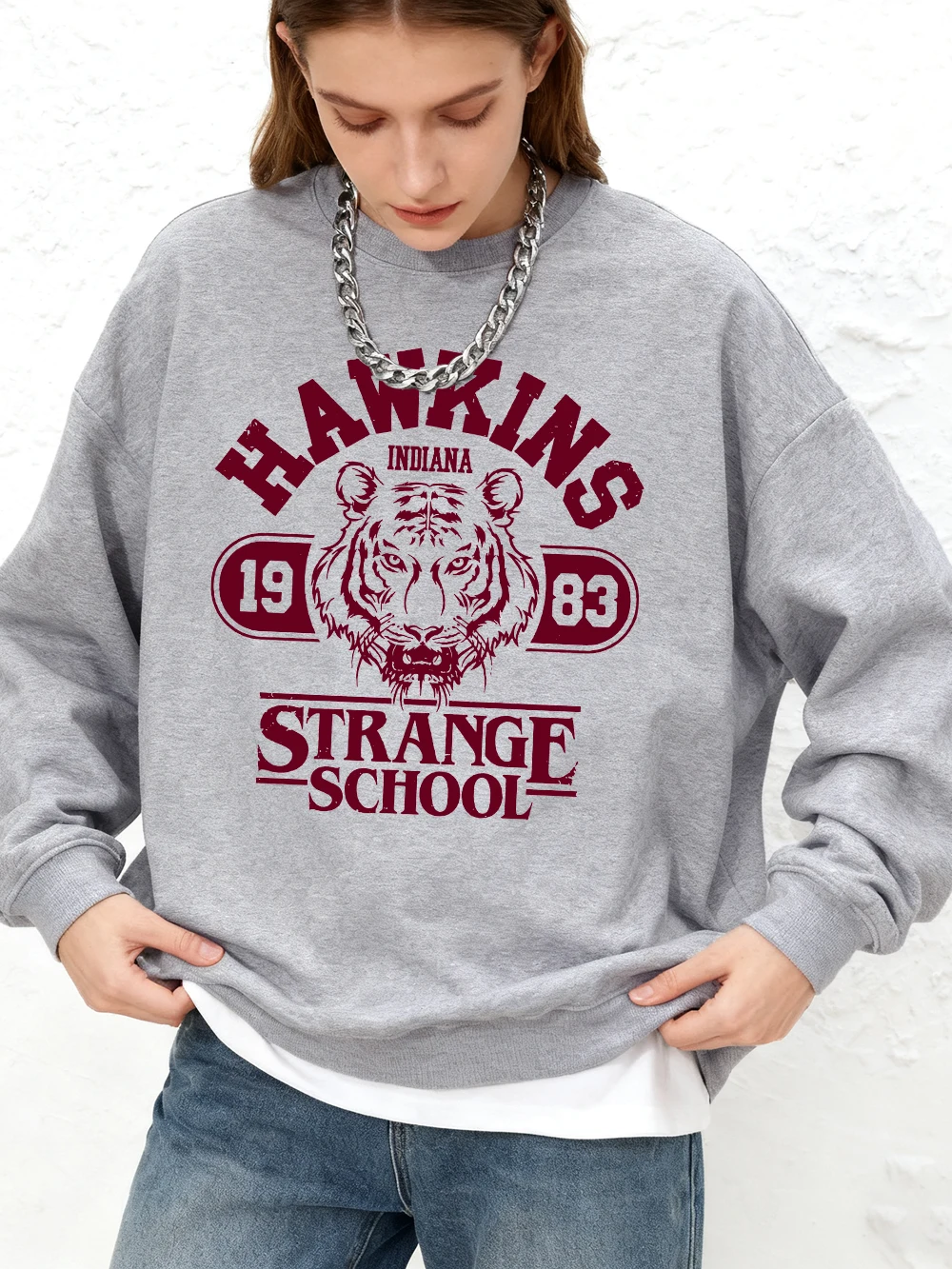 

Толстовки с принтами Hawkins Strange School, женские зимние флисовые теплые толстовки с круглым вырезом, пуловеры для бега, повседневная свободная женская одежда