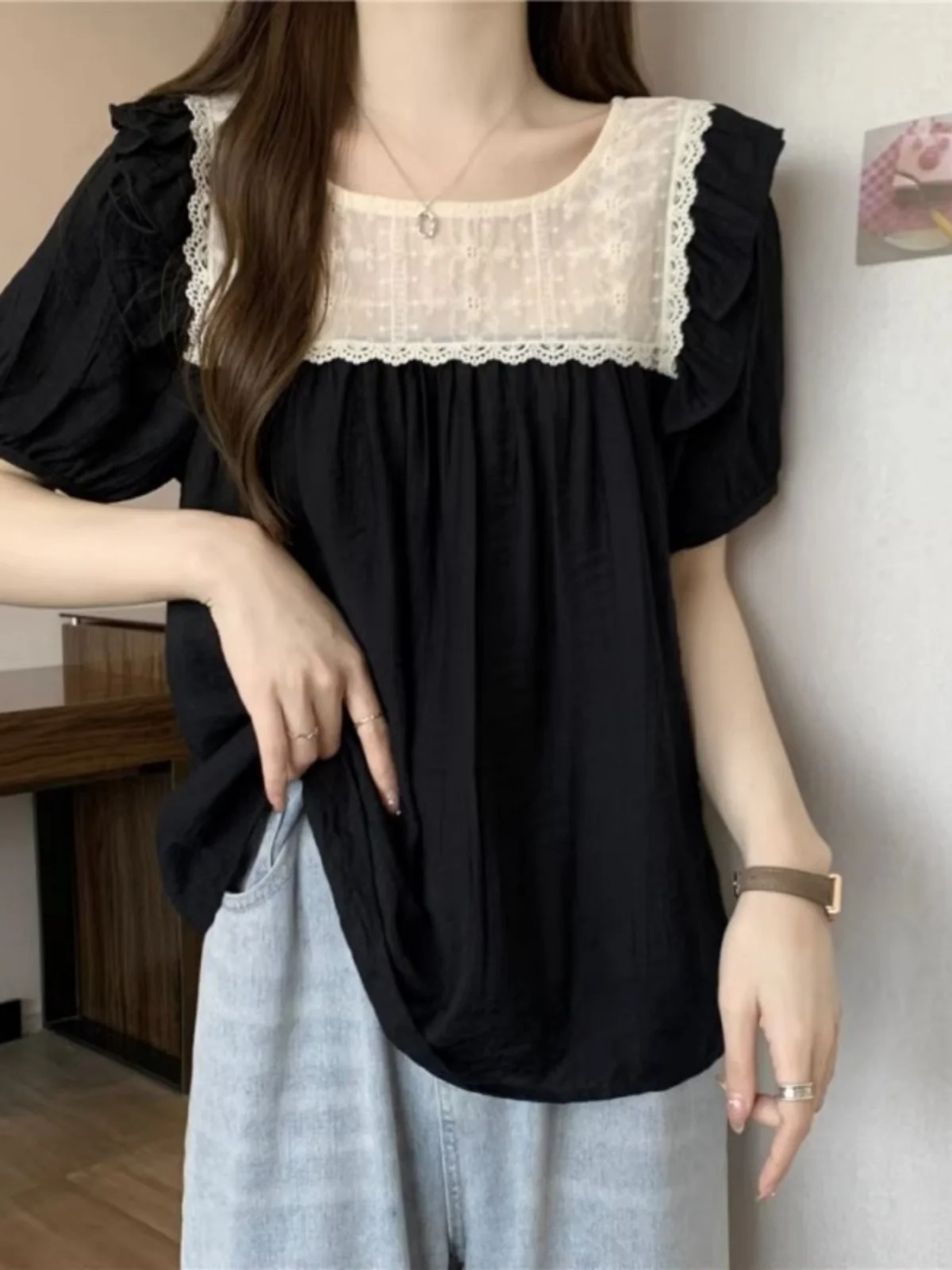 Blusa Holgada de Gasa para Mujer, Diseño Nuevo de Verano, Adorno de Encaje, Estilo Coreano, Cuello Redondo, Línea Recta...