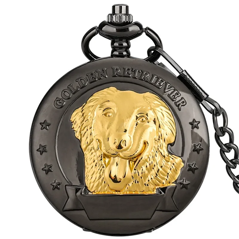 Retro Golden Retriever Pet Dog Full Hunter Cover Black Quartz Analog Pocket Watch for Men Women with Necklace Pendant Chain Gift