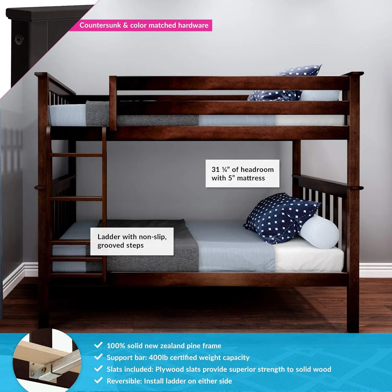 Bunk Bed Twin over Twin, Solid Wood Bunk Bed Frame with Ladder for Kids, 14