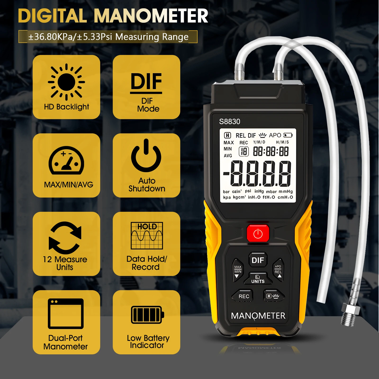 T9-S8830 Digital Manometer, 36.8KPa High Accuracy, 99 Data Sets Storage, Water/Oil/Gas/HVAC Pressure Gauge, 12 Units Conversion