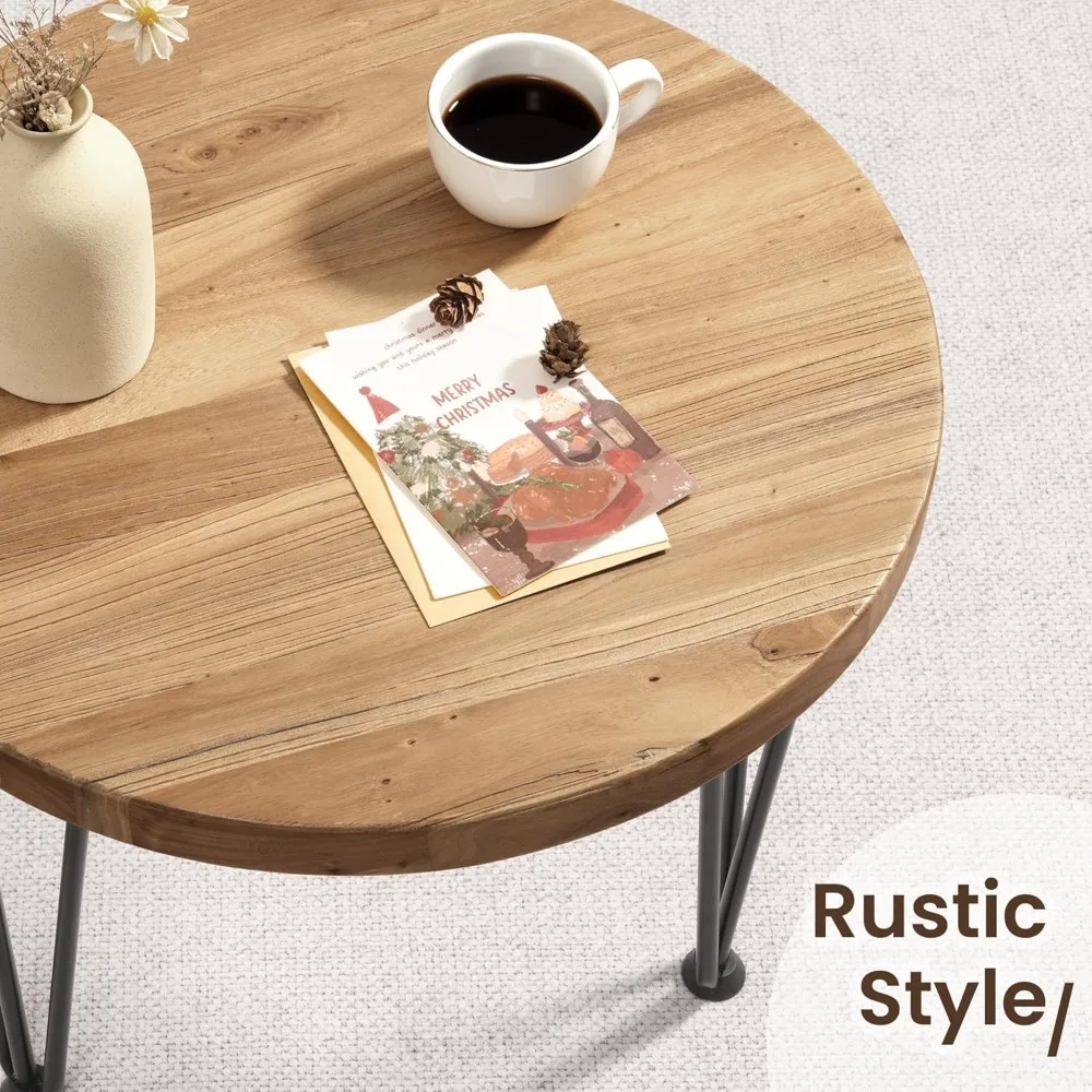 Round Coffee Table - Elm Wood Nesting Table with Metal Legs & Non Slip Feet Base - Rustic Nesting End Tables for Living Room Be