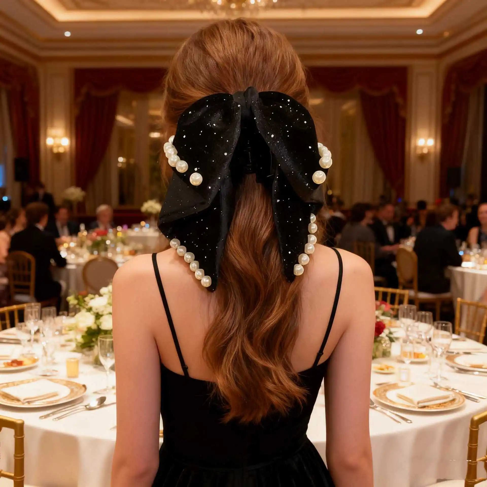 1 pieza de pinzas para el cabello con lazo de terciopelo con temática navideña de otoño e invierno para mujer con perlas, accesorios festivos para el cabello para uso diario, cabello elegante