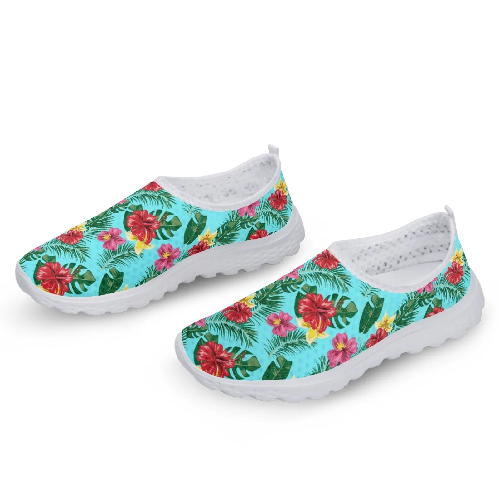 INSTANTARTS Pretty Tropical Flower Printing Women Flat Shoes Summer Breathable Slip-on Mesh Sneakers Lightweight Loafers Zapatos